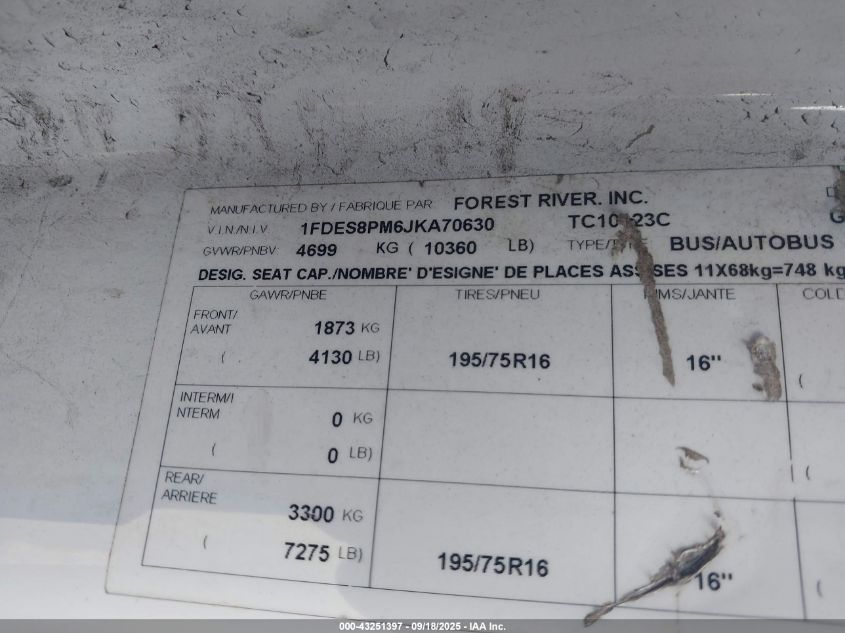 2018 Ford Transit VIN: 1FDES8PM6JKA70630 Lot: 43251397