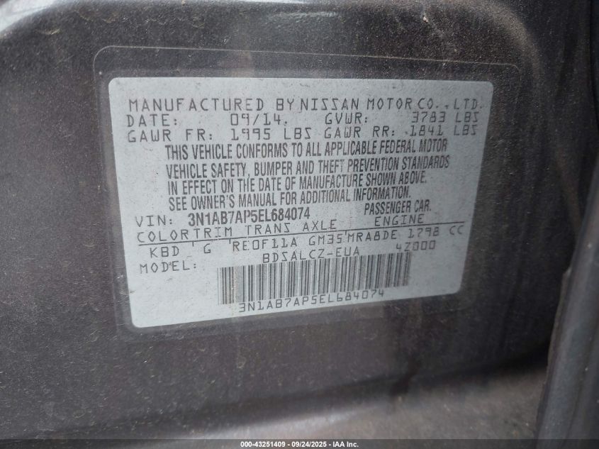 2014 Nissan Sentra S VIN: 3N1AB7AP5EL684074 Lot: 43251409