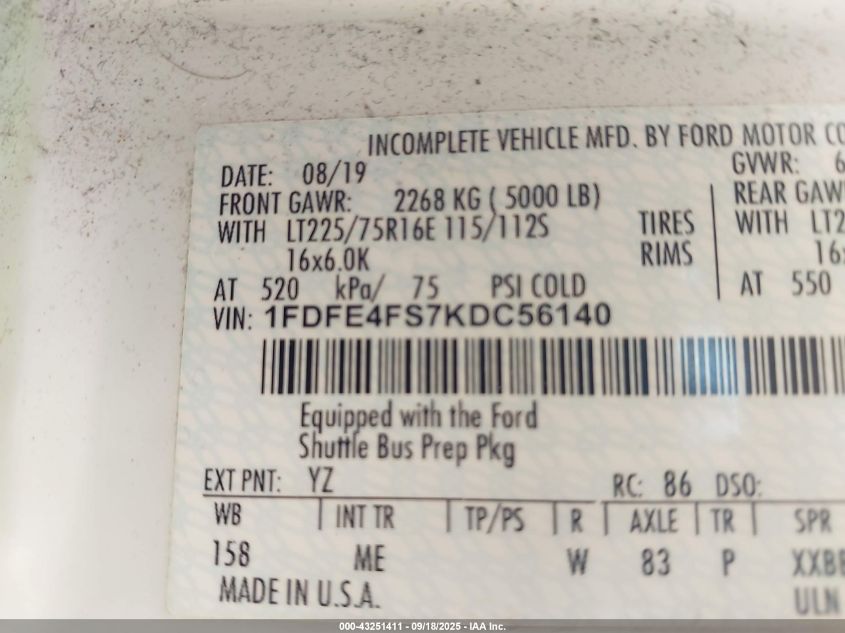 2019 Ford E-450 Cutaway VIN: 1FDFE4FS7KDC56140 Lot: 43251411