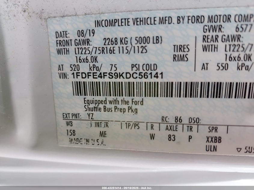 2019 Ford E-450 Cutaway VIN: 1FDFE4FS9KDC56141 Lot: 43251414