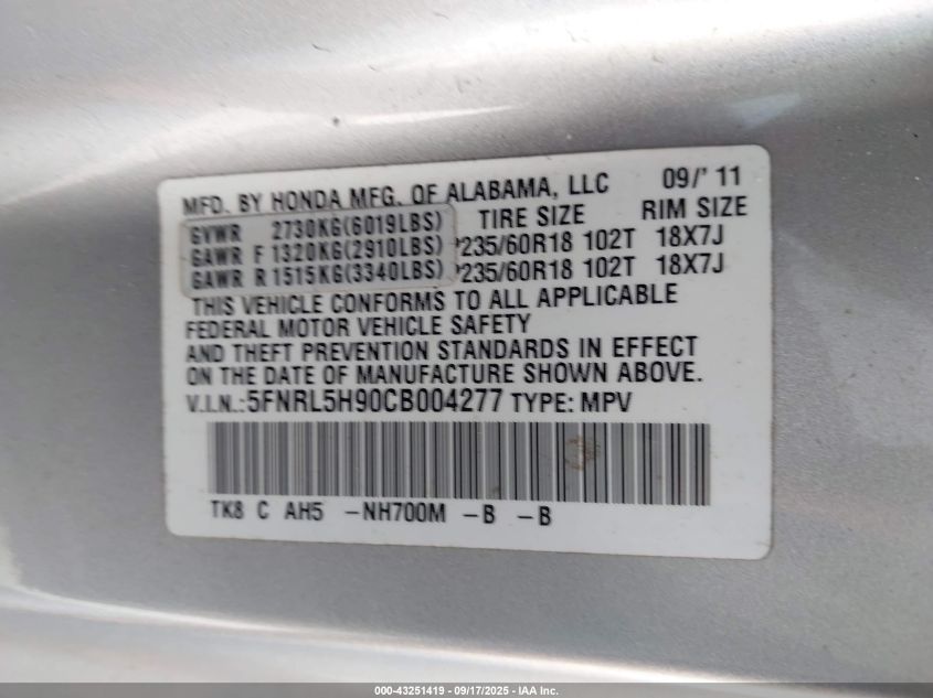 2012 Honda Odyssey Touring/Touring Elite VIN: 5FNRL5H90CB004277 Lot: 43251419