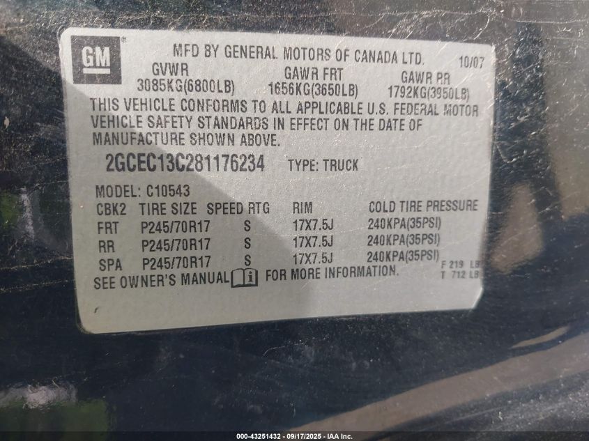 2008 Chevrolet Silverado 1500 Ls VIN: 2GCEC13C281176234 Lot: 43251432