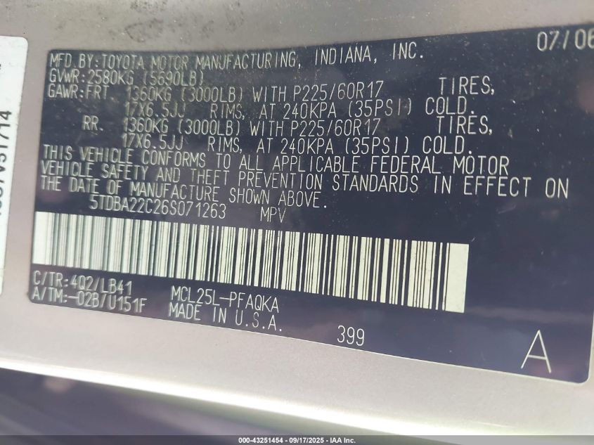 2006 Toyota Sienna Xle VIN: 5TDBA22C26S071263 Lot: 43251454