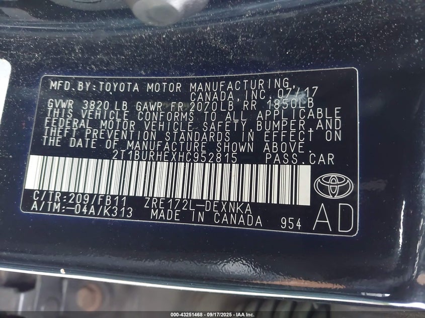 2017 Toyota Corolla Le VIN: 2T1BURHEXHC952815 Lot: 43251468