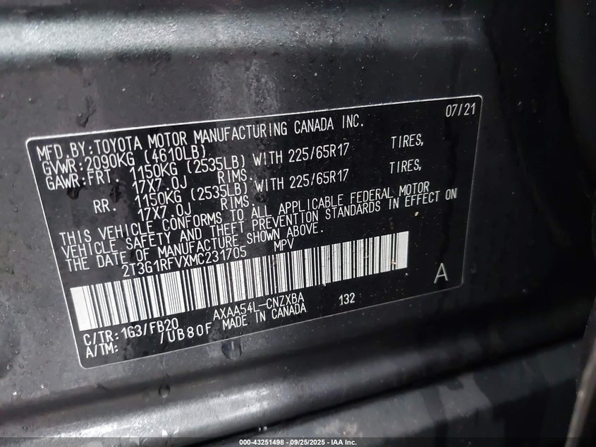 2021 TOYOTA RAV4 LE - 2T3G1RFVXMC231705