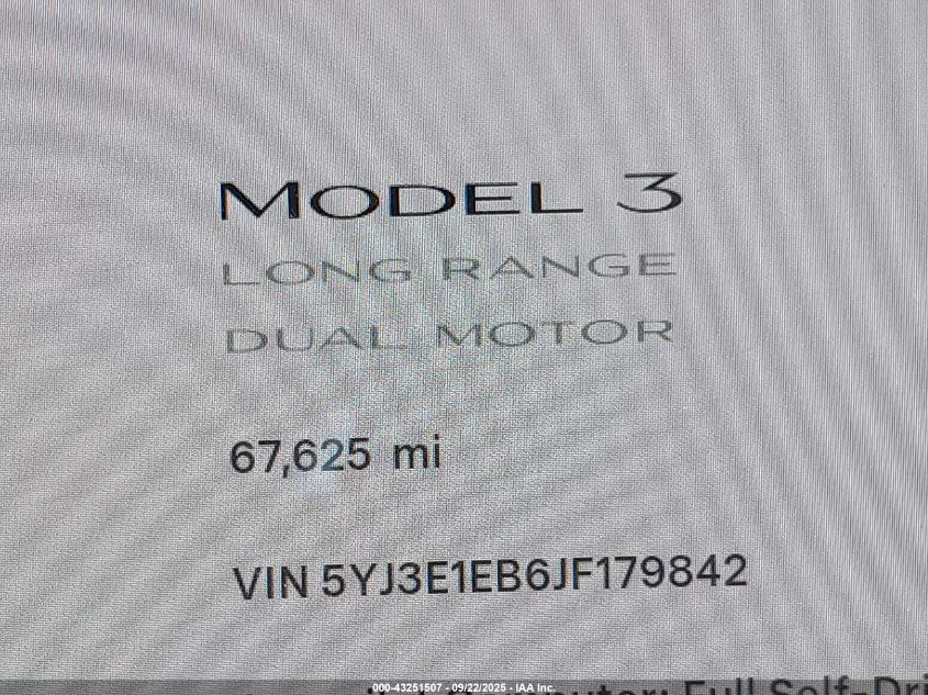 2018 Tesla Model 3 Long Range/Performance VIN: 5YJ3E1EB6JF179842 Lot: 43251507