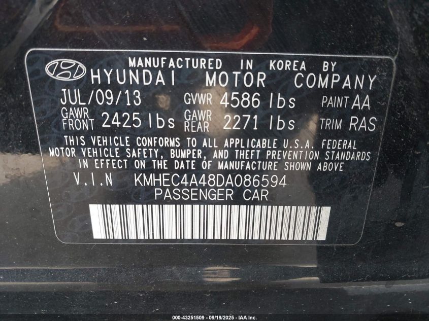 2013 Hyundai Sonata Hybrid Limited VIN: KMHEC4A48DA086594 Lot: 43251509