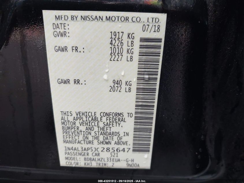 2018 Nissan Altima 2.5 Sr VIN: 1N4AL3AP5JC285647 Lot: 43251512