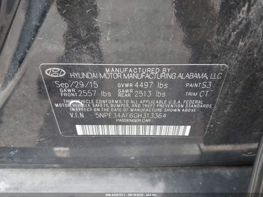 2016 Hyundai Sonata Limited VIN: 5NPE34AF6GH313364 Lot: 43251511