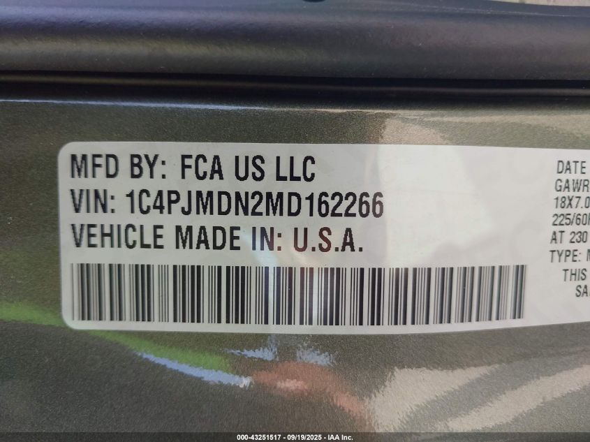 2021 Jeep Cherokee Limited 4X4 VIN: 1C4PJMDN2MD162266 Lot: 43251517