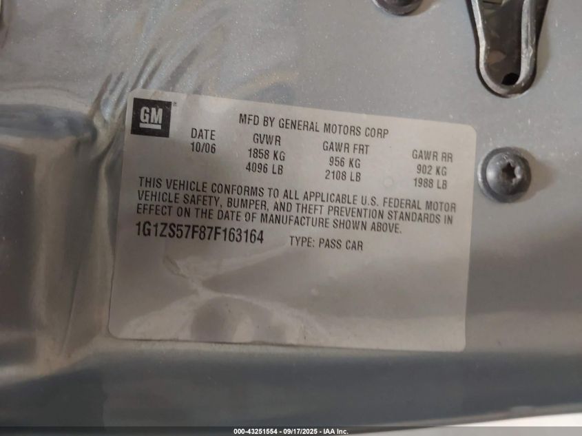 2007 Chevrolet Malibu Ls VIN: 1G1ZS57F87F163164 Lot: 43251554