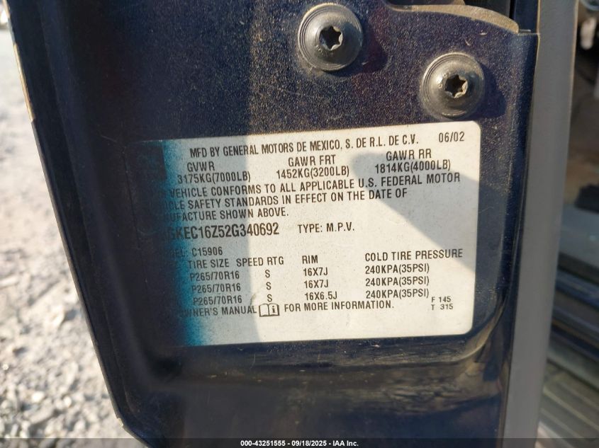 2002 GMC Yukon Xl 1500 Slt VIN: 3GKEC16Z52G340692 Lot: 43251555