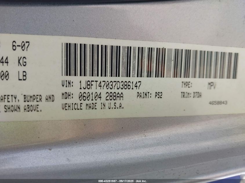 2007 Jeep Compass Sport VIN: 1J8FT47037D386147 Lot: 43251557