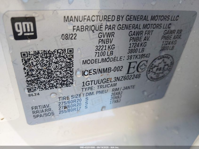 2022 GMC Sierra 1500 4Wd Short Box Denali/4Wd Short Box Denali Ultimate/4Wd Standard Box Denali VIN: 1GTUUGEL3NZ602248 Lot: 43251558