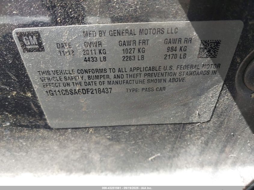 2013 Chevrolet Malibu 1Lt VIN: 1G11C5SA6DF218437 Lot: 43251561