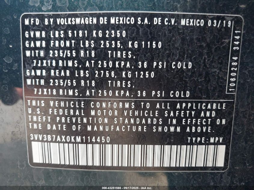 2019 Volkswagen Tiguan 2.0T Se/2.0T Sel/2.0T Sel R-Line/2.0T Sel R-Line Black VIN: 3VV3B7AX0KM114450 Lot: 43251566