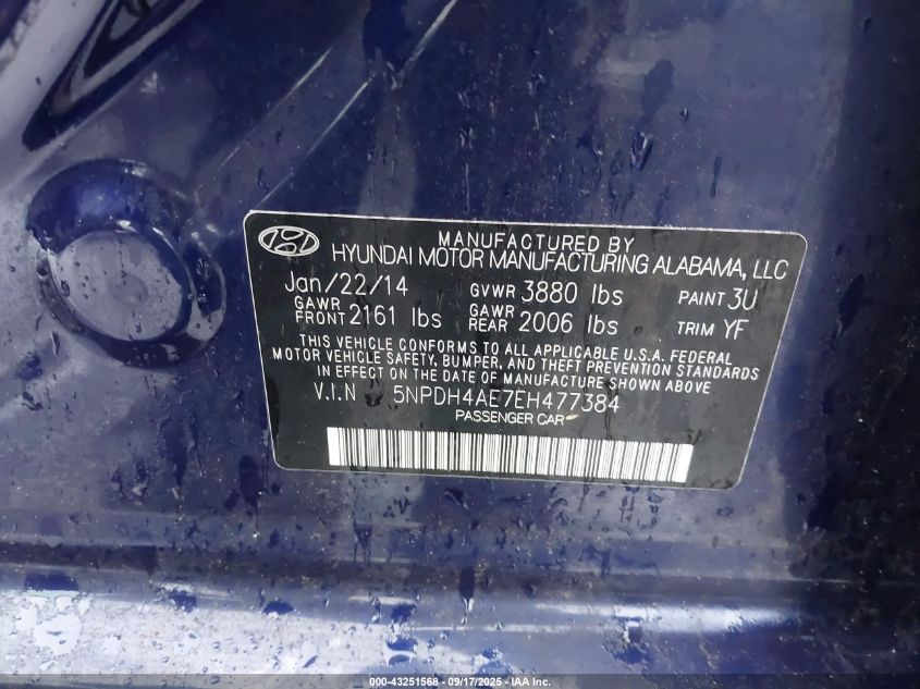 2014 Hyundai Elantra Se VIN: 5NPDH4AE7EH477384 Lot: 43251568