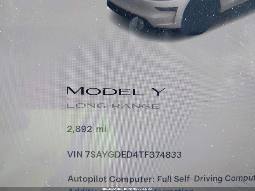 2026 Tesla Model Y Long Range Dual Motor All-Wheel Drive VIN: 7SAYGDED4TF374833 Lot: 43251583