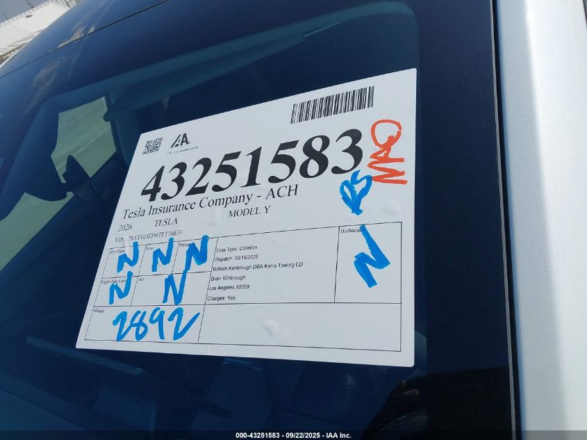 2026 Tesla Model Y Long Range Dual Motor All-Wheel Drive VIN: 7SAYGDED4TF374833 Lot: 43251583