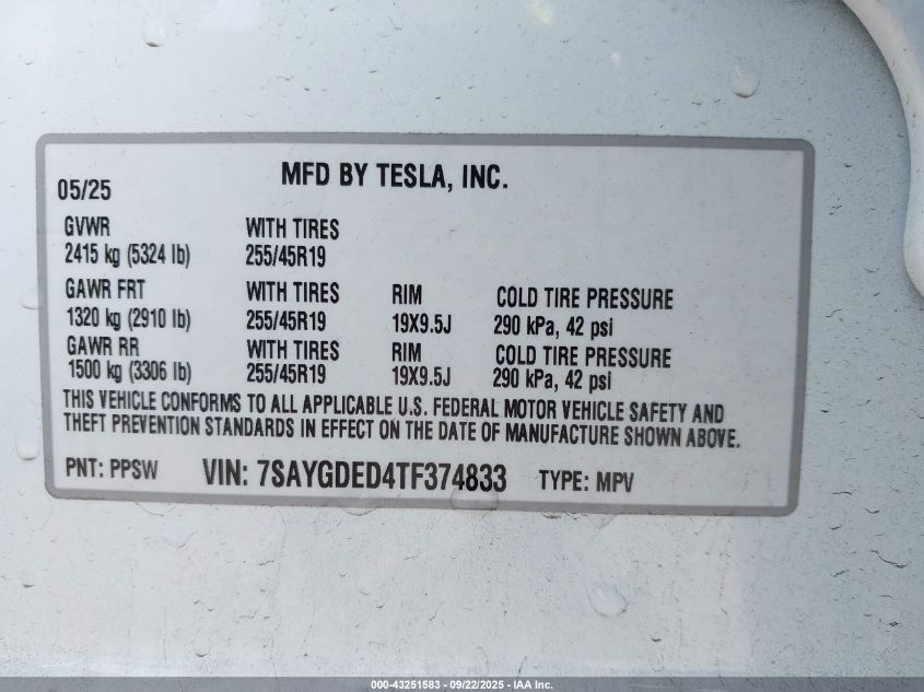 2026 Tesla Model Y Long Range Dual Motor All-Wheel Drive VIN: 7SAYGDED4TF374833 Lot: 43251583