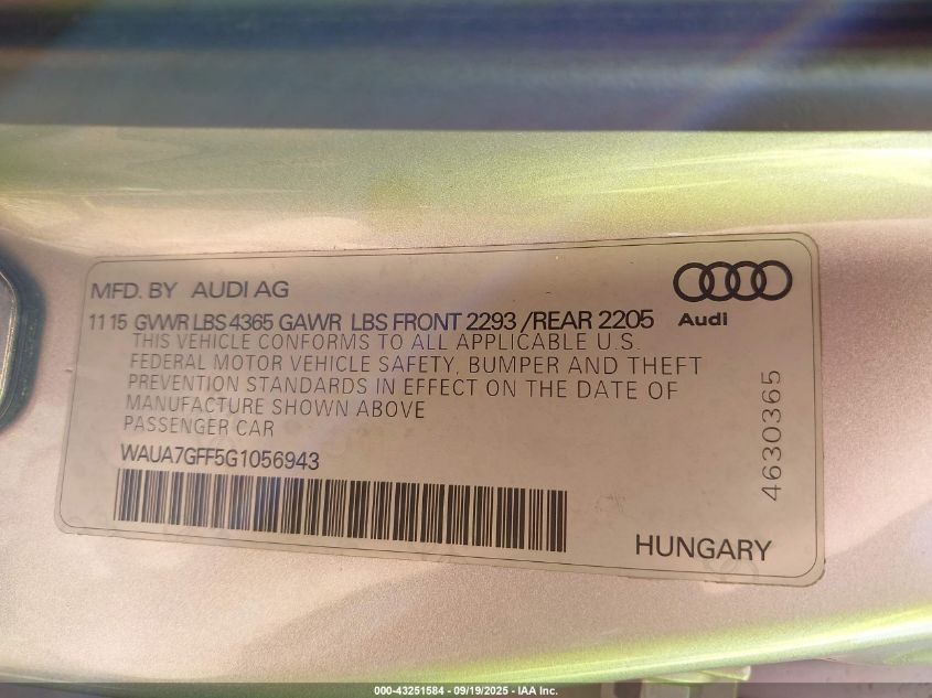 2016 Audi A3 1.8T Premium VIN: WAUA7GFF5G1056943 Lot: 43251584