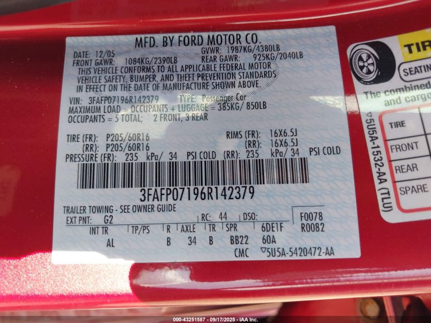 2006 Ford Fusion Se VIN: 3FAFP07196R142379 Lot: 43251587