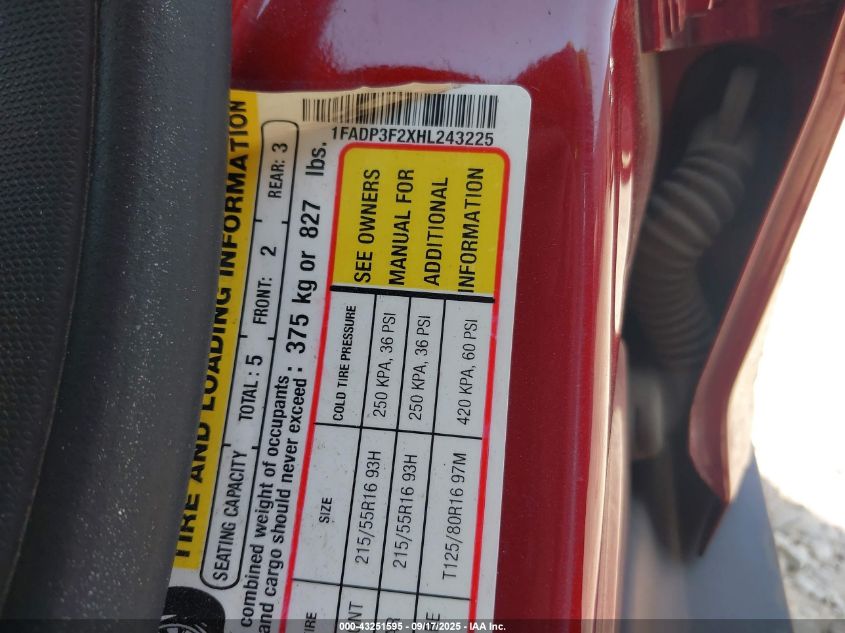 2017 Ford Focus Se VIN: 1FADP3F2XHL243225 Lot: 43251595