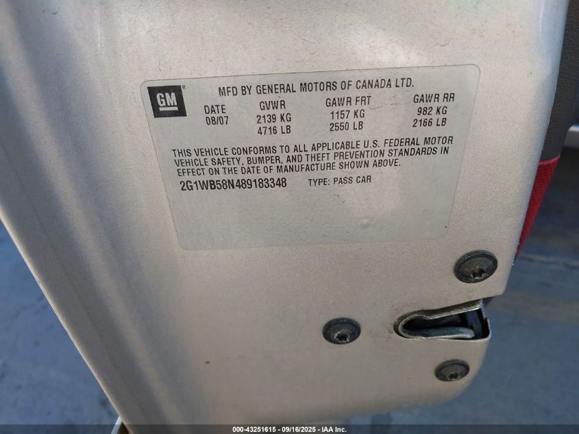 2008 Chevrolet Impala Ls VIN: 2G1WB58N489183348 Lot: 43251615