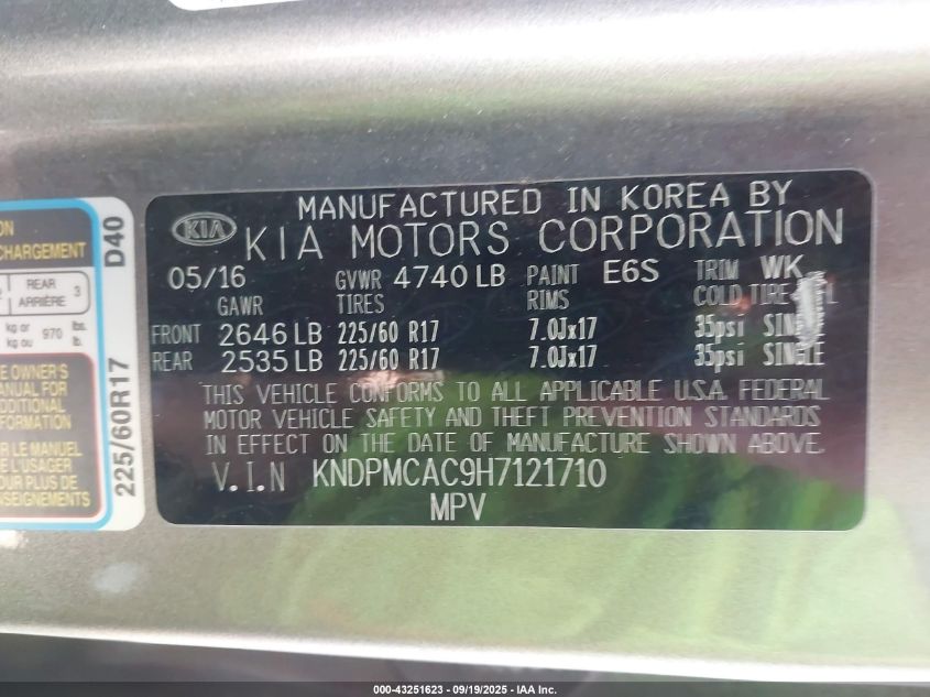 2017 Kia Sportage VIN: KNDPMCA9H7121710 Lot: 43251623