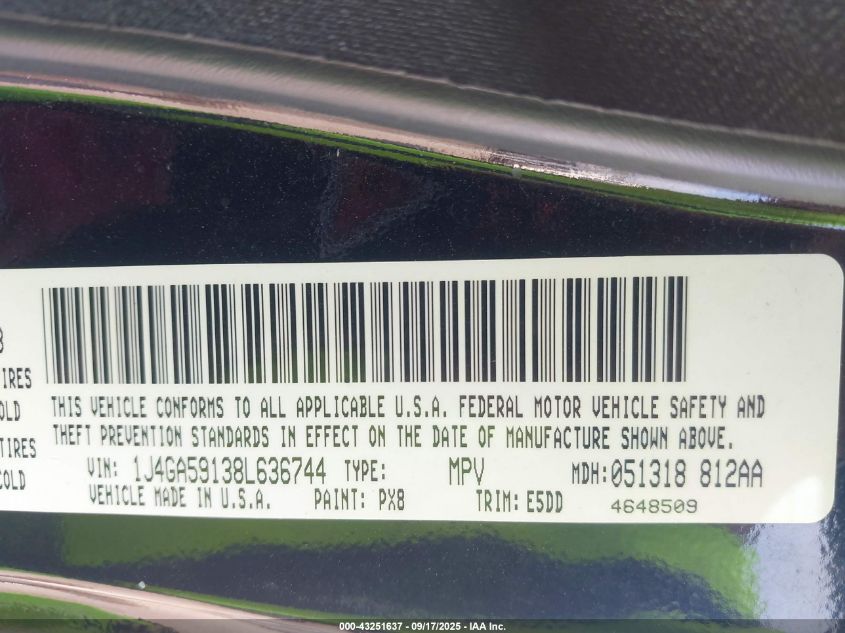 2008 Jeep Wrangler Unlimited Sahara VIN: 1J4GA59138L636744 Lot: 43251637