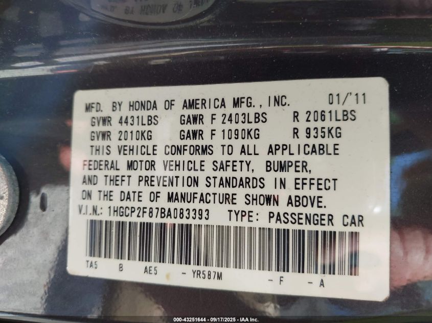 2011 Honda Accord 2.4 Ex-L VIN: 1HGCP2F87BA083393 Lot: 43251644