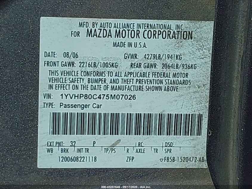 2007 Mazda Mazda6 I Sport Ve VIN: 1YVHP80C475M07026 Lot: 43251646