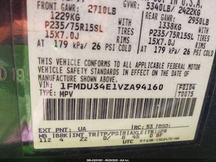 1997 Ford Explorer Eddie Bauer/Limited/Xl/Xlt VIN: 1FMDU34E1VZA94160 Lot: 43251651