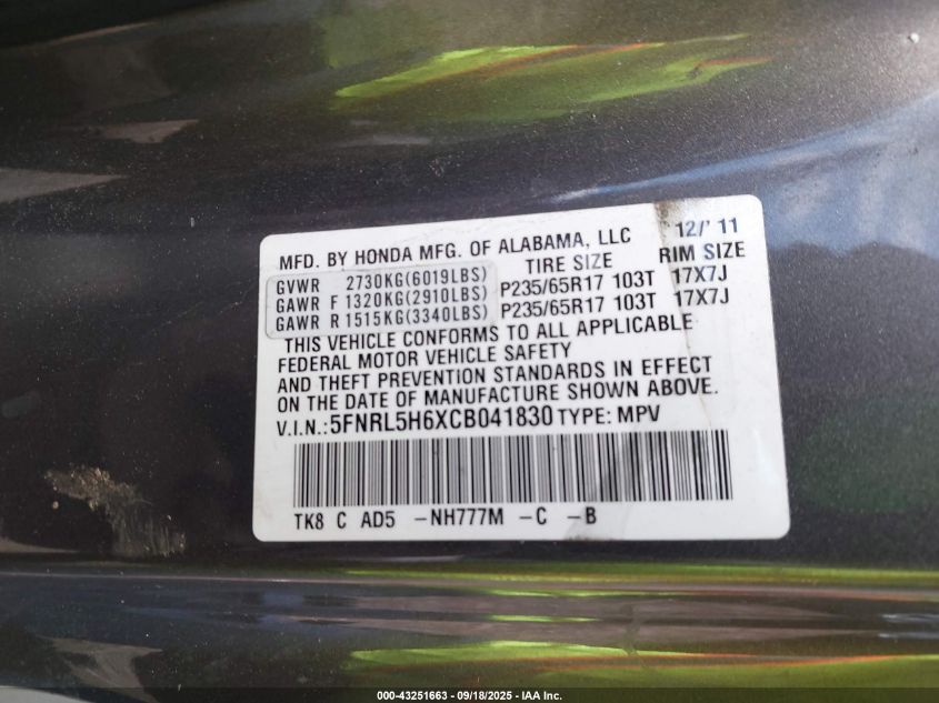 2012 Honda Odyssey Exl VIN: 5FNRL5H6XCB041830 Lot: 43251663