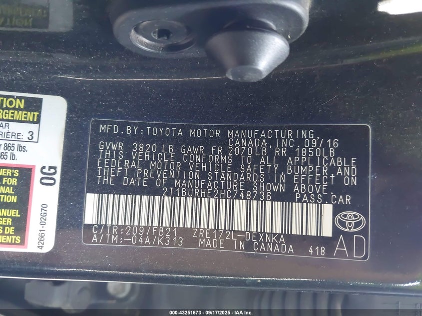 2017 Toyota Corolla Le VIN: 2T1BURHE2HC748736 Lot: 43251673