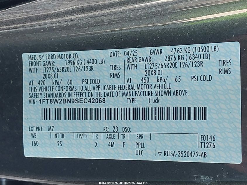2025 Ford F-250 Xlt VIN: 1FT8W2BN9SEC42068 Lot: 43251675