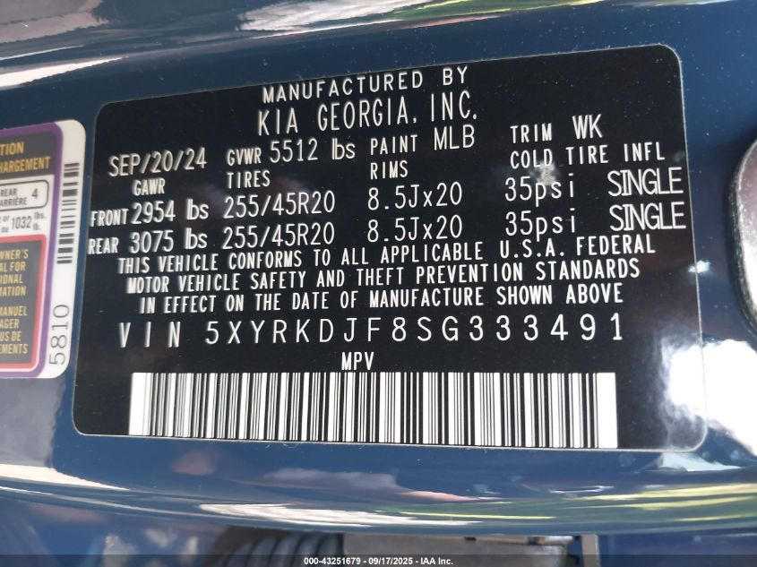 2025 Kia Sorento X-Line Sx Prestige VIN: 5XYRKDJF8SG333491 Lot: 43251679