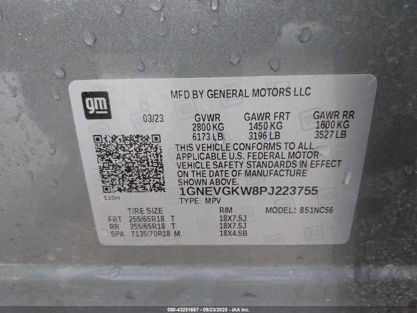 2023 Chevrolet Traverse Awd Lt Cloth VIN: 1GNEVGKW8PJ223755 Lot: 43251687