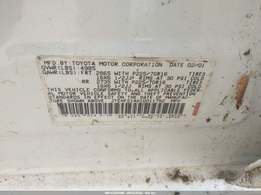 2001 Toyota Highlander V6 VIN: JTEHF21AX10011752 Lot: 43251690