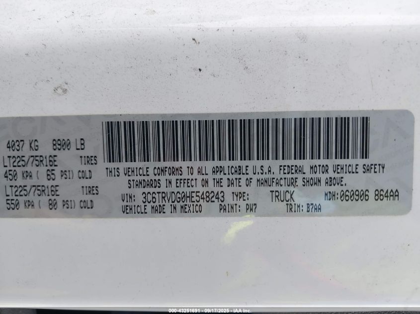 2017 Ram Promaster 2500 High Roof 159 Wb VIN: 3C6TRVDG0HE548243 Lot: 43251691