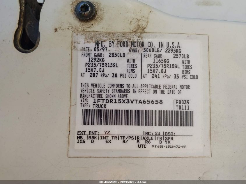 1997 Ford Ranger Splash/Stx/Xlt VIN: 1FTDR15X3VTA65658 Lot: 43251698