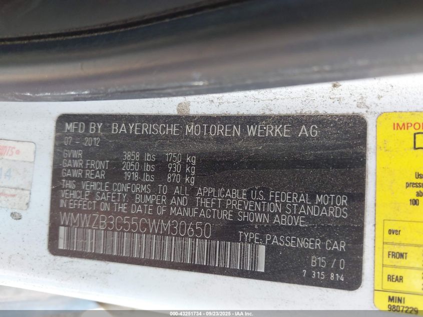 2012 Mini Cooper Countryman VIN: WMWZB3C55CWM30650 Lot: 43251734