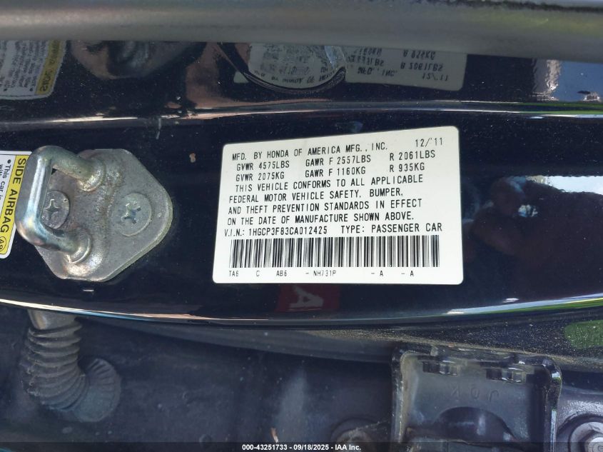 2012 Honda Accord 3.5 Ex-L VIN: 1HGCP3F83CA012425 Lot: 43251733