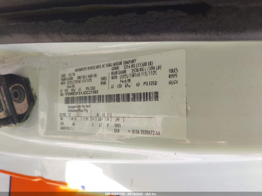 2018 Ford E-350 Cutaway VIN: 1FDWE3FS1JDC21585 Lot: 43251749