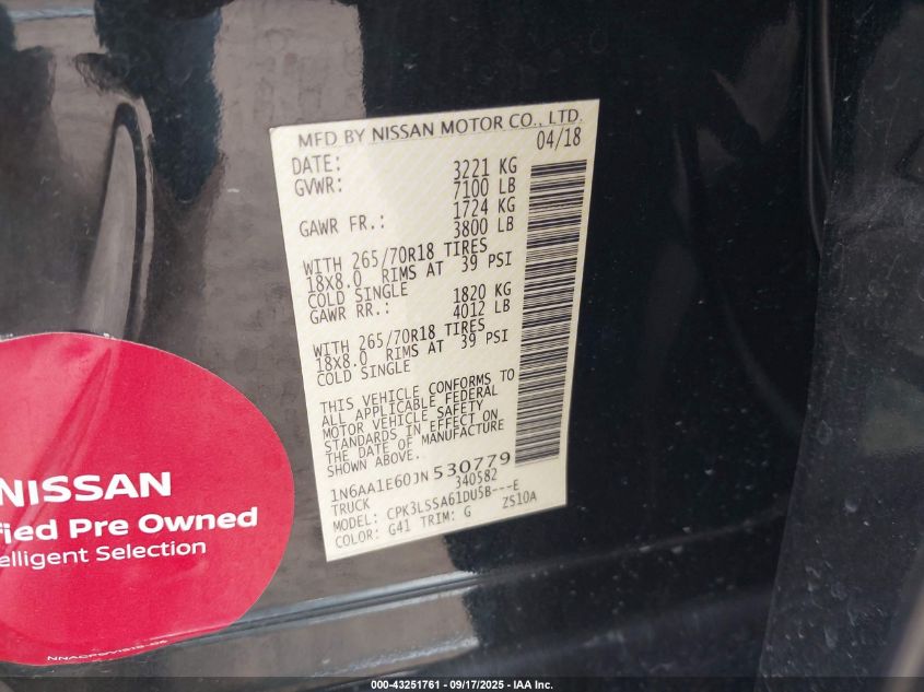 2018 Nissan Titan Sv VIN: 1N6AA1E60JN530779 Lot: 43251761