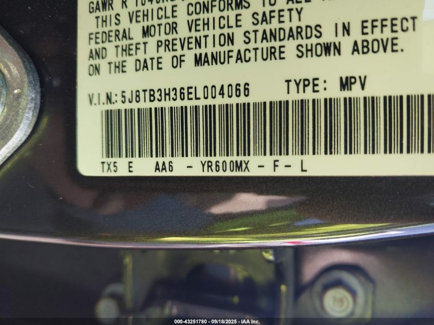 2014 Acura Rdx VIN: 5J8TB3H36EL004066 Lot: 43251780