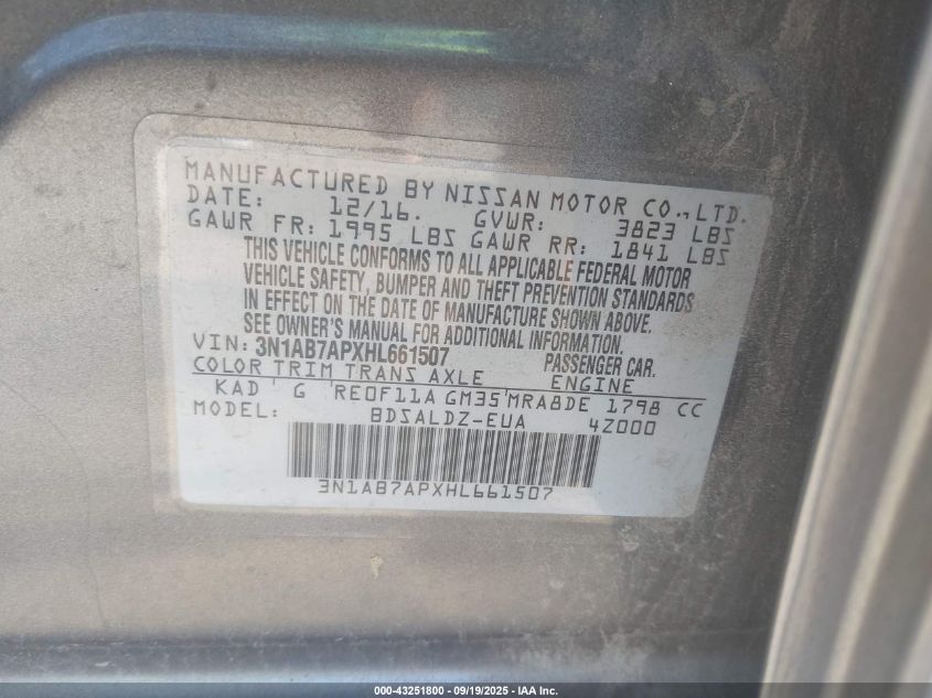 2017 Nissan Sentra Sv VIN: 3N1AB7APXHL661507 Lot: 43251800