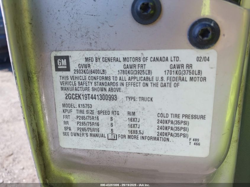 2004 Chevrolet Silverado 1500 Ls VIN: 2GCEK19T441300993 Lot: 43251806