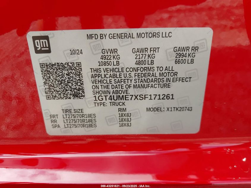 2025 GMC Sierra 2500Hd 4Wd Standard Bed Sle VIN: 1GT4UME7XSF171261 Lot: 43251821