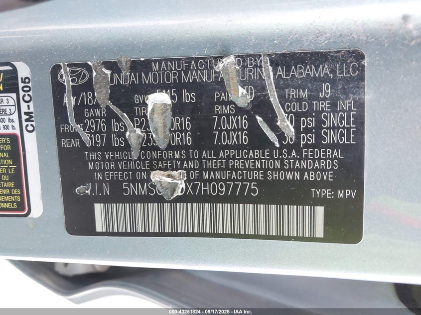 2007 Hyundai Santa Fe Gls VIN: 5NMSG13DX7H097775 Lot: 43251824